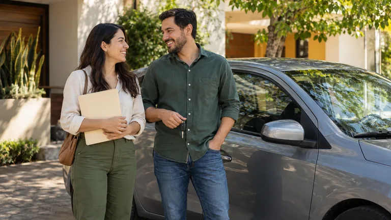 Pareja junto a un automóvil nuevo estacionado, con una carpeta y las llaves.