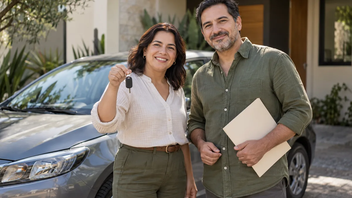 Dos personas junto a un automóvil con llaves y una carpeta de documentos.