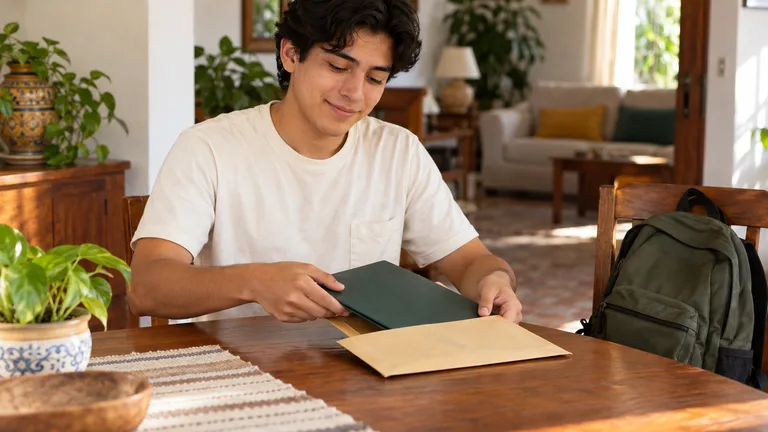 Joven adulto preparando una carpeta de documentos en casa.