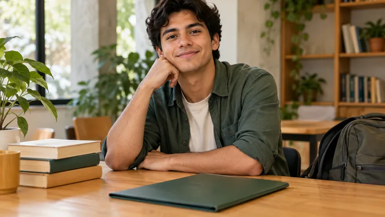 Joven adulto con una carpeta y libros en una mesa de estudio.