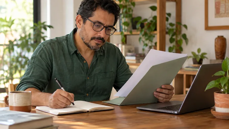 Hombre revisando una carpeta y tomando notas junto a una computadora.