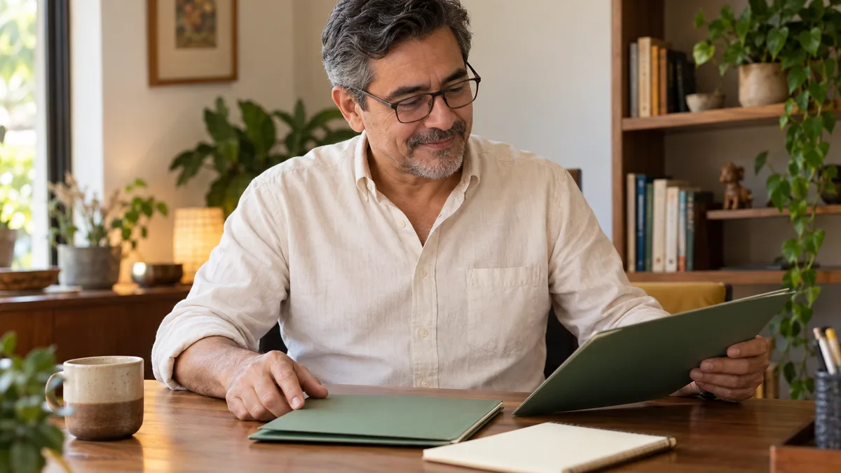 Hombre adulto con gafas revisando carpetas y una libreta en su escritorio.