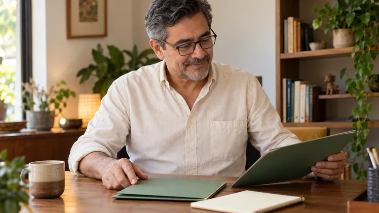 Hombre adulto con gafas revisando carpetas y una libreta en su escritorio.