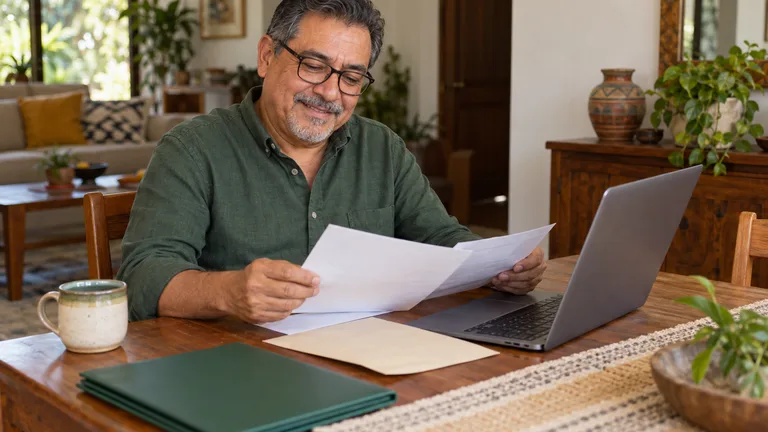 Hombre adulto revisando una carpeta junto a una computadora.
