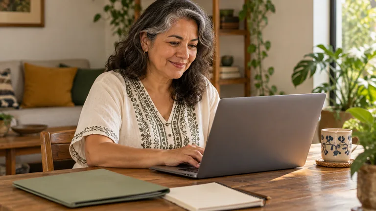 Mujer adulta consultando una computadora con una libreta al lado.