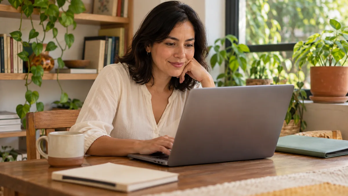 Mujer consultando una computadora con una libreta y una carpeta a su lado.