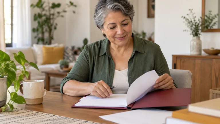 Mujer adulta organizando su carpeta de documentos personales.