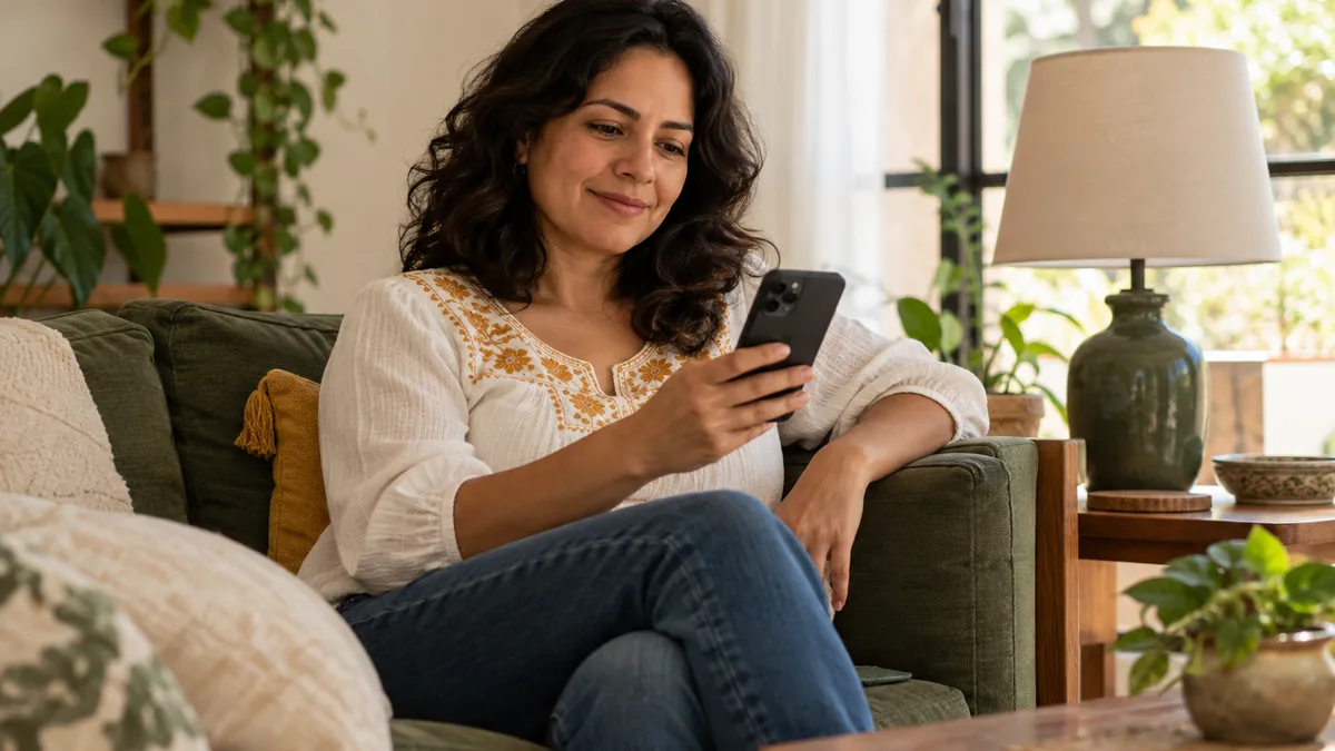 Mujer usando un teléfono en casa con una lámpara al lado.