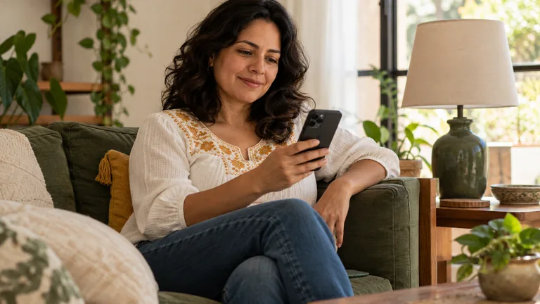 Mujer usando un teléfono en casa con una lámpara al lado.