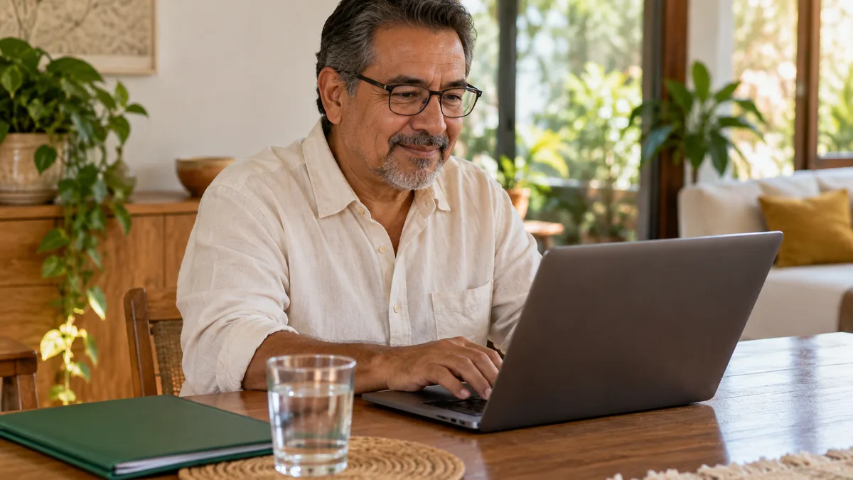 Hombre adulto consultando información en una computadora junto a su carpeta.
