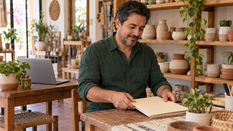 Hombre organizando una carpeta junto a cerámica y macetas en un pequeño local.