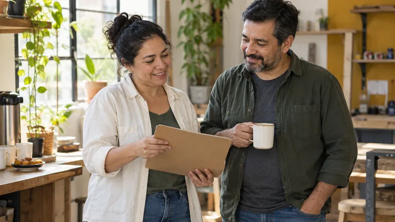 Dos personas revisando una carpeta en un espacio de trabajo.
